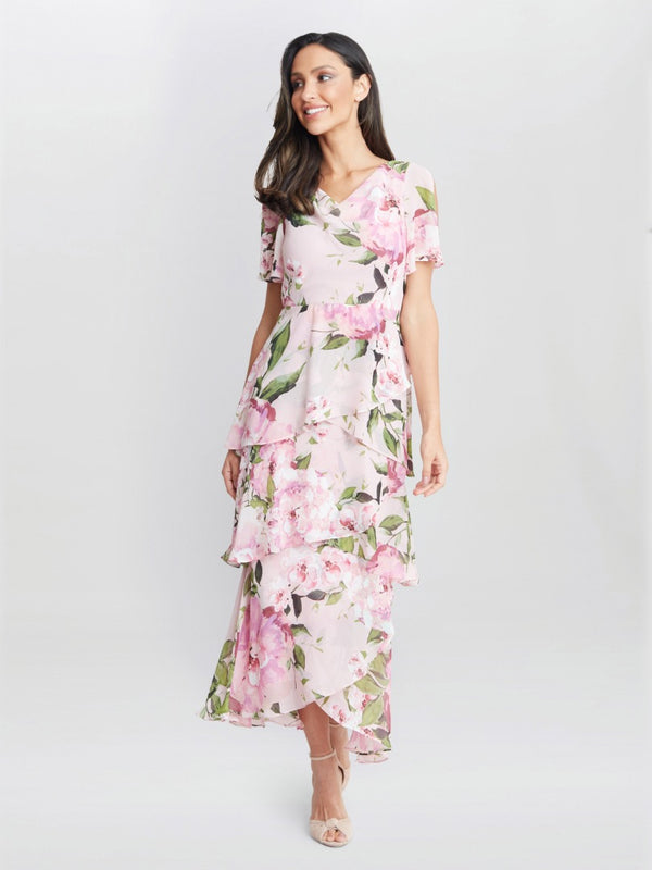 Gina Bacconi Olivia Printed Cowl Neck Maxi Tiered Dress With Shoulder Embellishment