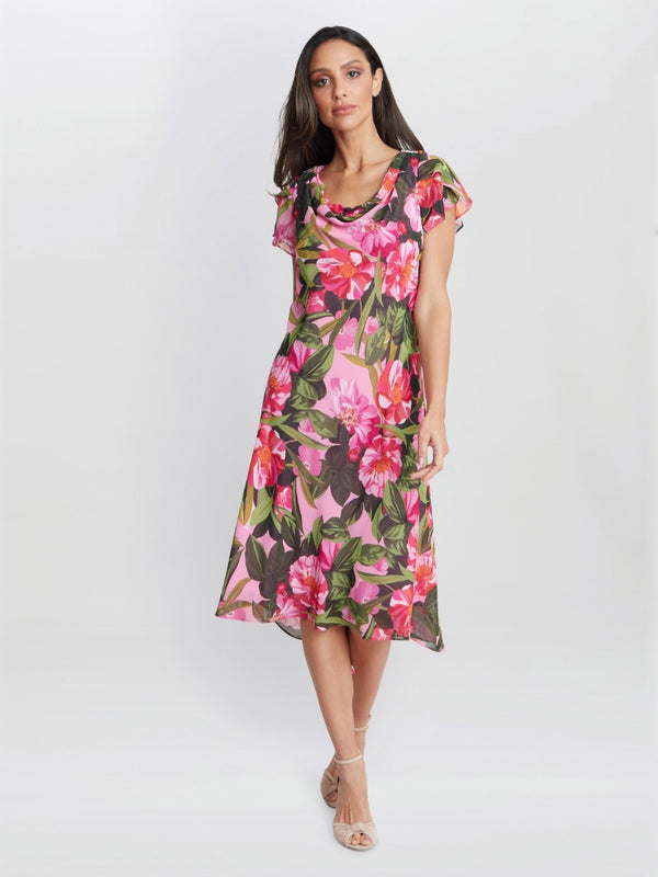 Gina Bacconi Ophelia Midi Printed Cowl Neck Dress With Shoulder Embellishment