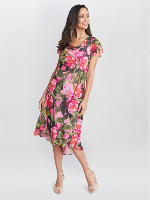 gina bacconi Ophelia midi printed cowl neck dress with shoulder embellishment