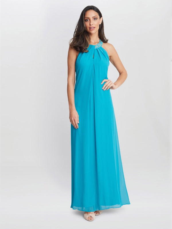 gina bacconi Pamela halter neck maxi dress with beaded neckline
