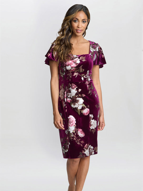 gina bacconi Paulina square neck foil printed velvet dress