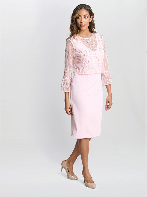 Gina Bacconi Pippa Beaded Jacket With Fluted 3/4 Sleeve And Crepe Shift Dress Potpourri Pink