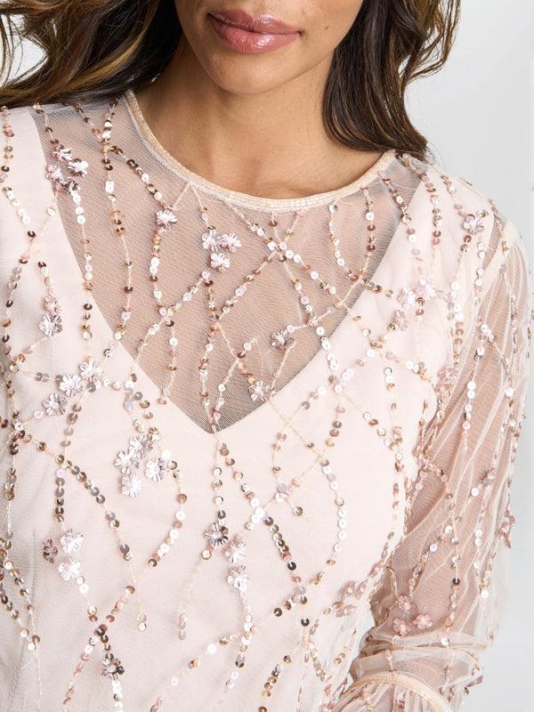 Gina Bacconi Pippa Beaded Jacket With Fluted 3/4 Sleeve And Crepe Shift Dress Antique Rose