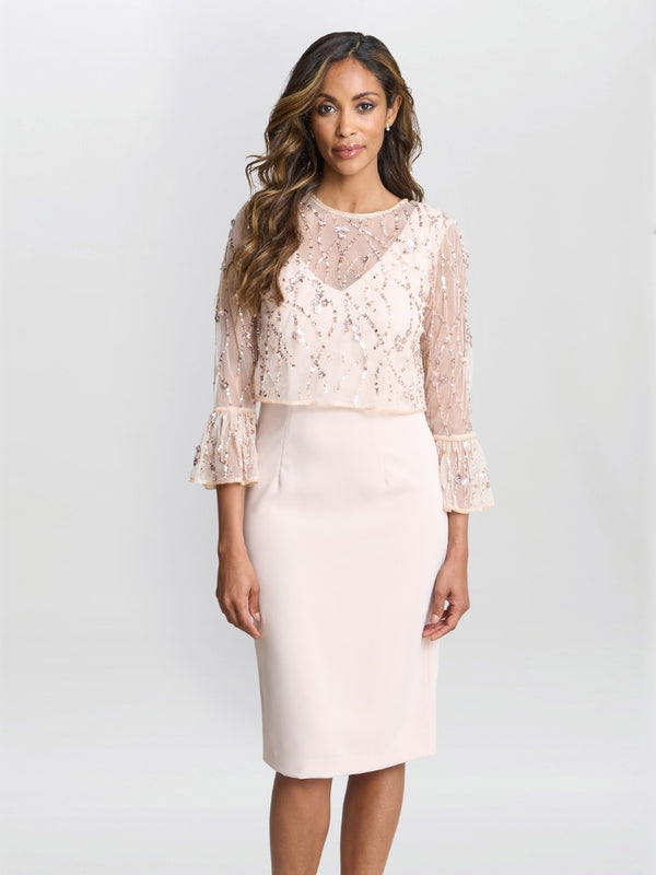 gina bacconi Pippa beaded jacket with fluted 3/4 sleeve and crepe shift dress Antique Rose
