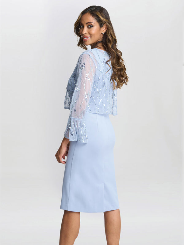 Gina Bacconi Pippa Beaded Jacket With Fluted 3/4 Sleeve And Crepe Shift Dress Nordic Blue
