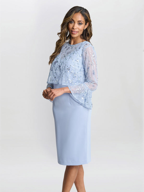 Gina Bacconi Pippa Beaded Jacket With Fluted 3/4 Sleeve And Crepe Shift Dress Nordic Blue