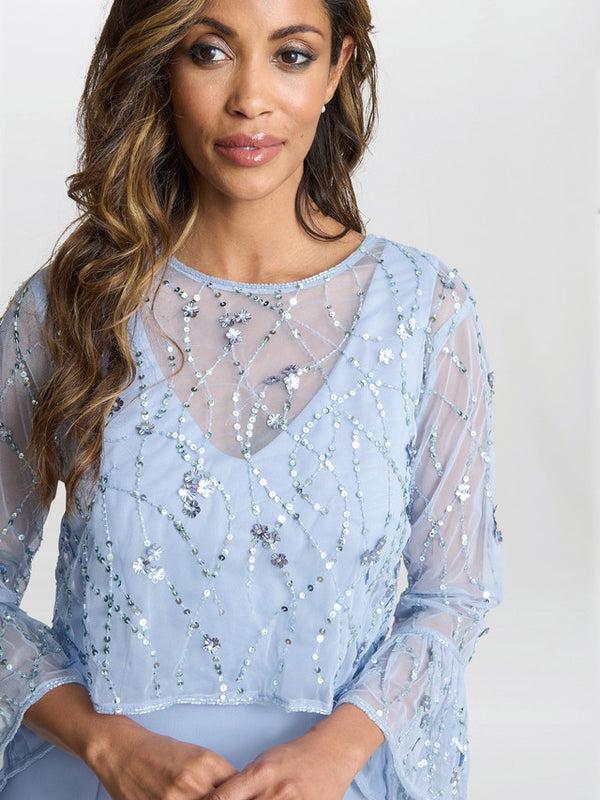 Gina Bacconi Pippa Beaded Jacket With Fluted 3/4 Sleeve And Crepe Shift Dress Nordic Blue