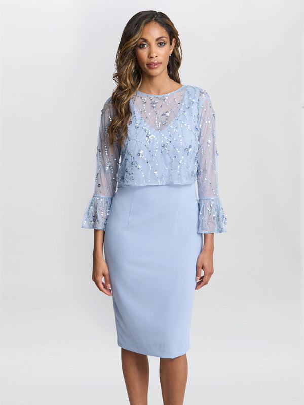gina bacconi Pippa beaded jacket with fluted 3/4 sleeve and crepe shift dress Nordic Blue
