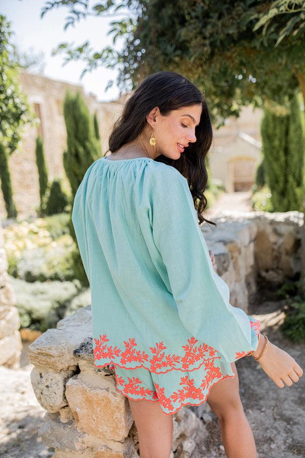 Gina Bacconi Piti Cuiti Guadalupe Aqua Blouse And Shorts Set