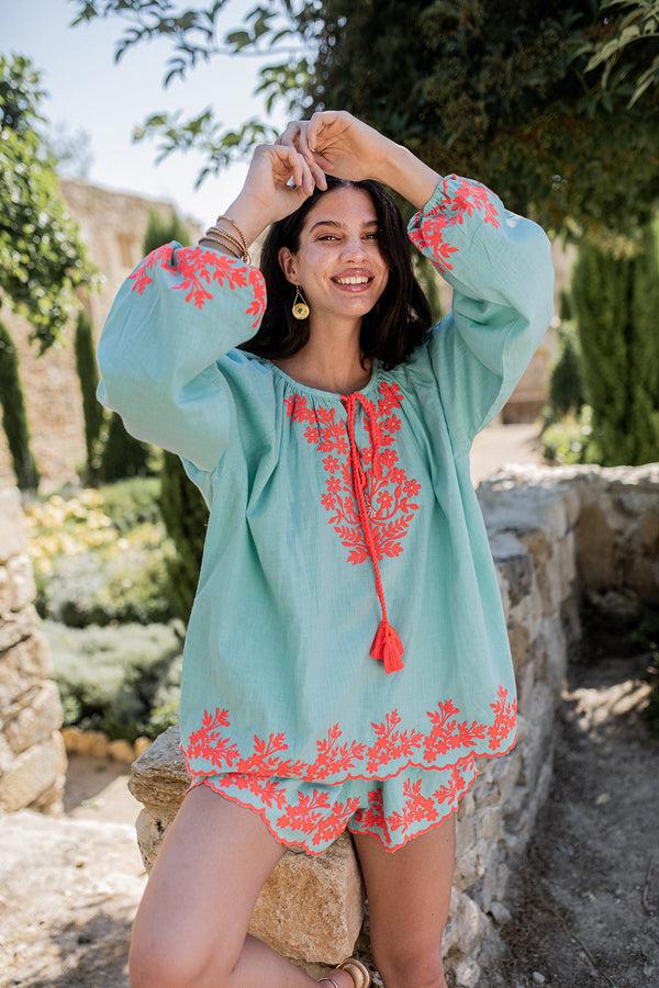 gina bacconi Piti cuiti guadalupe aqua blouse and shorts set