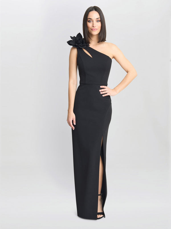 Gina Bacconi Portia One Shoulder Flower Maxi Dress Black