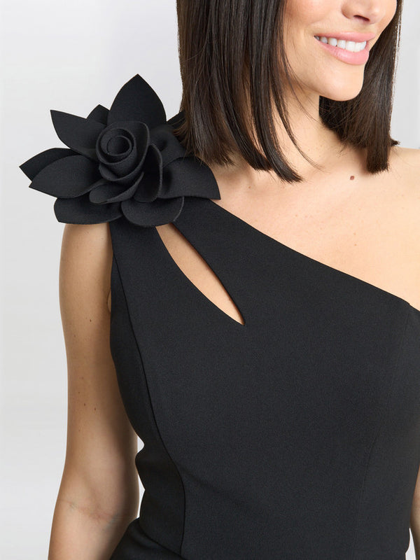 Gina Bacconi Portia One Shoulder Flower Maxi Dress Black