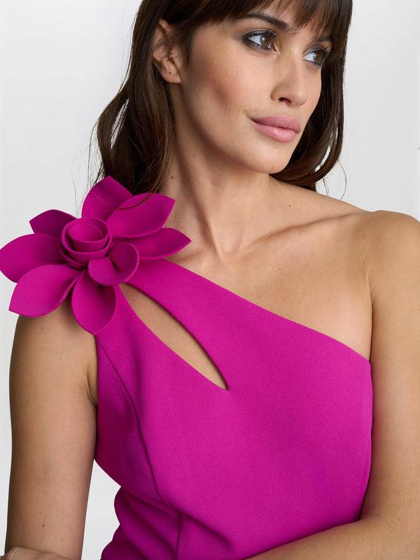 Gina Bacconi Portia One Shoulder Flower Maxi Dress Fuschia