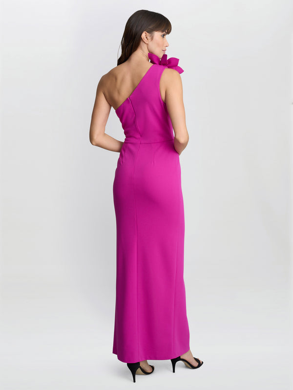 Gina Bacconi Portia One Shoulder Flower Maxi Dress Fuschia