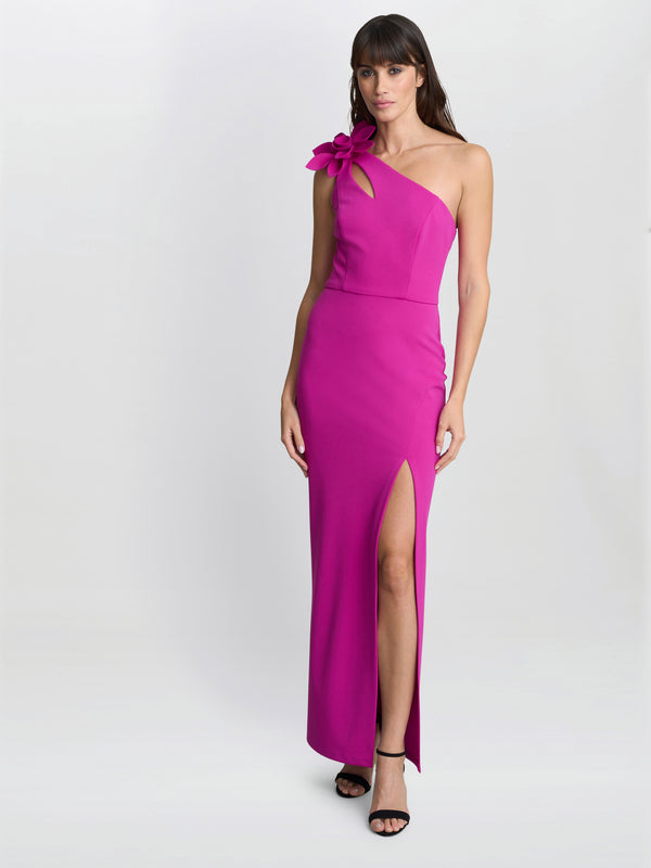 Gina Bacconi Portia One Shoulder Flower Maxi Dress Fuschia