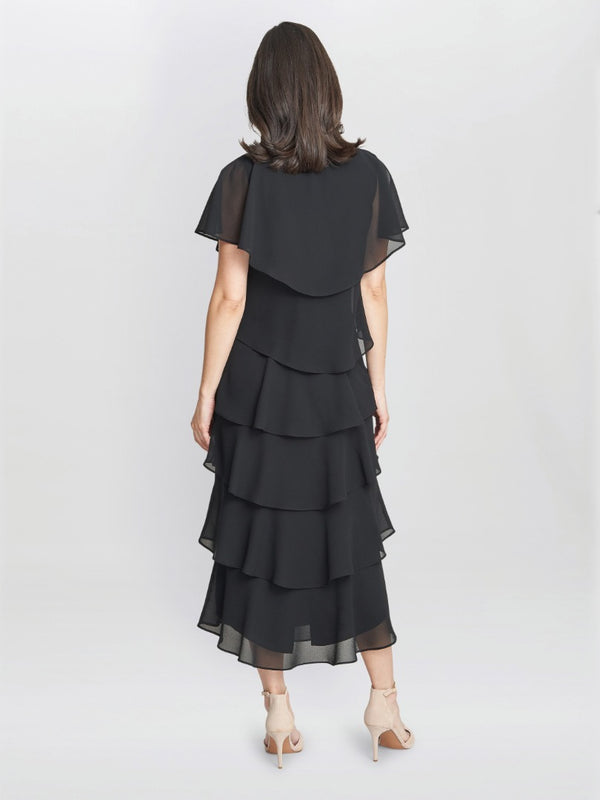 Gina Bacconi Rebecca Midi Tiered Dress With Shoulder Trim BLACK