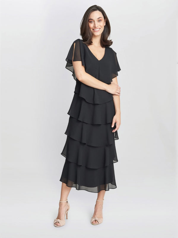 Gina Bacconi Rebecca Midi Tiered Dress With Shoulder Trim BLACK