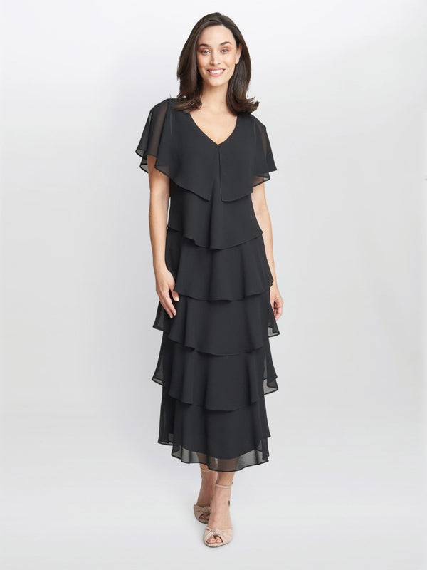 gina bacconi Rebecca midi tiered dress with shoulder trim BLACK