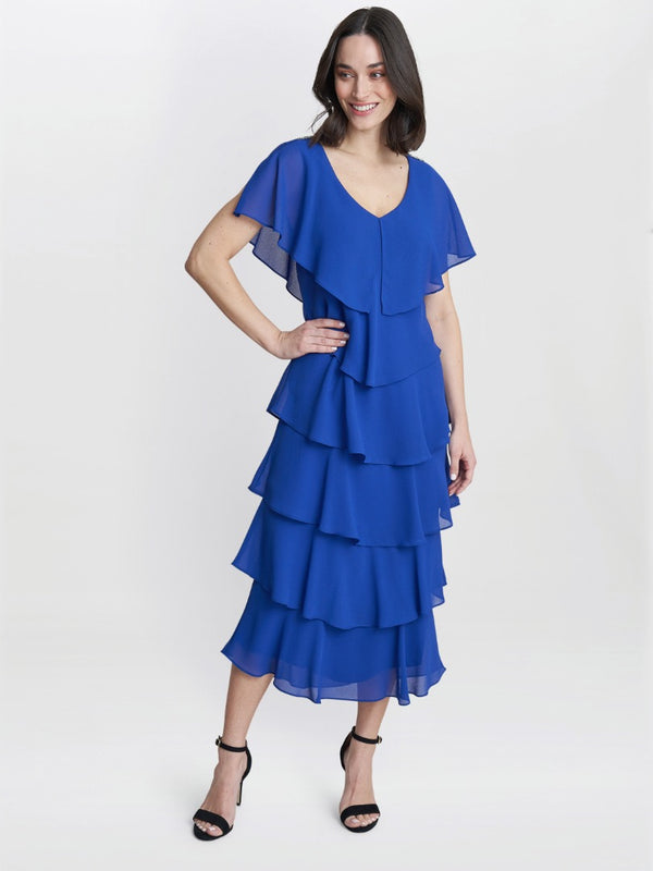 Gina Bacconi Rebecca Midi Tiered Dress With Shoulder Trim Cobalt