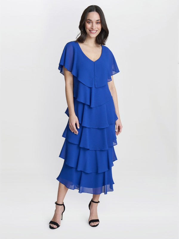 gina bacconi Rebecca midi tiered dress with shoulder trim Cobalt