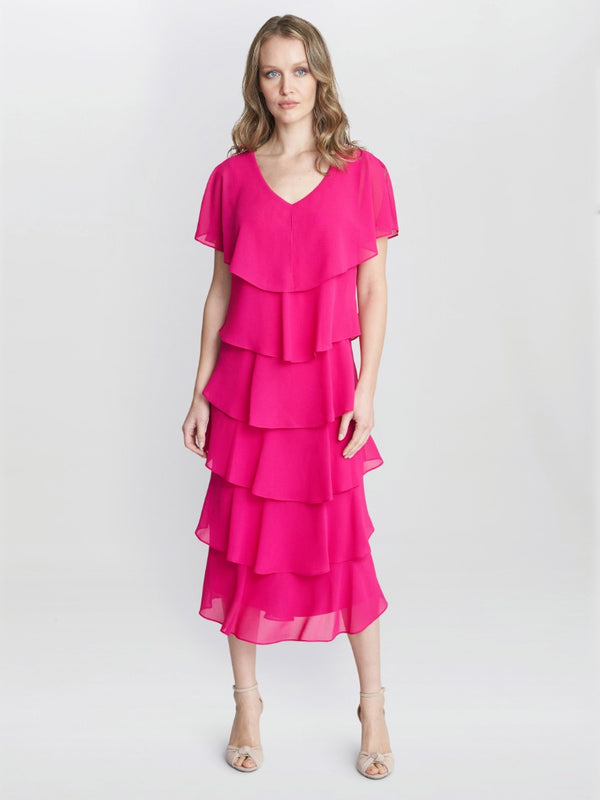 Gina Bacconi Rebecca Midi Tiered Dress With Shoulder Trim FUCHSIA