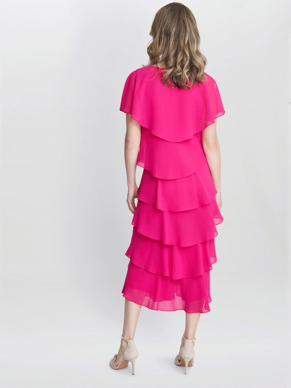 Gina Bacconi Rebecca Midi Tiered Dress With Shoulder Trim FUCHSIA