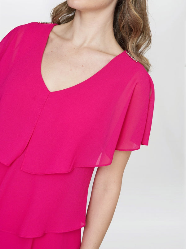 Gina Bacconi Rebecca Midi Tiered Dress With Shoulder Trim FUCHSIA