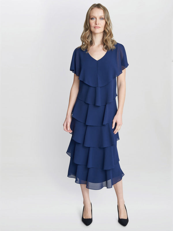 Gina Bacconi Rebecca Midi Tiered Dress With Shoulder Trim Navy