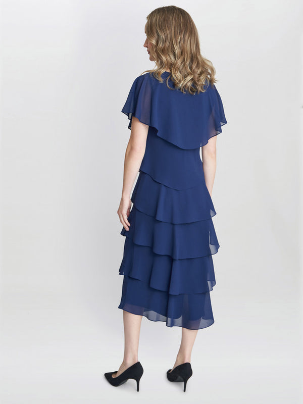 Gina Bacconi Rebecca Midi Tiered Dress With Shoulder Trim Navy