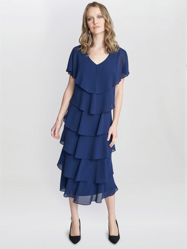 gina bacconi Rebecca midi tiered dress with shoulder trim Navy