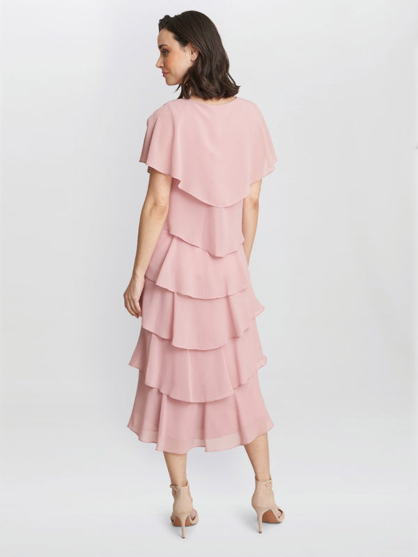 Gina Bacconi Rebecca Midi Tiered Dress With Shoulder Trim ROSE PINK