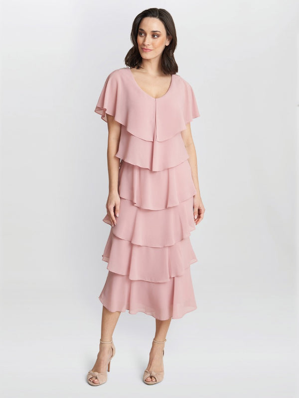 Gina Bacconi Rebecca Midi Tiered Dress With Shoulder Trim ROSE PINK