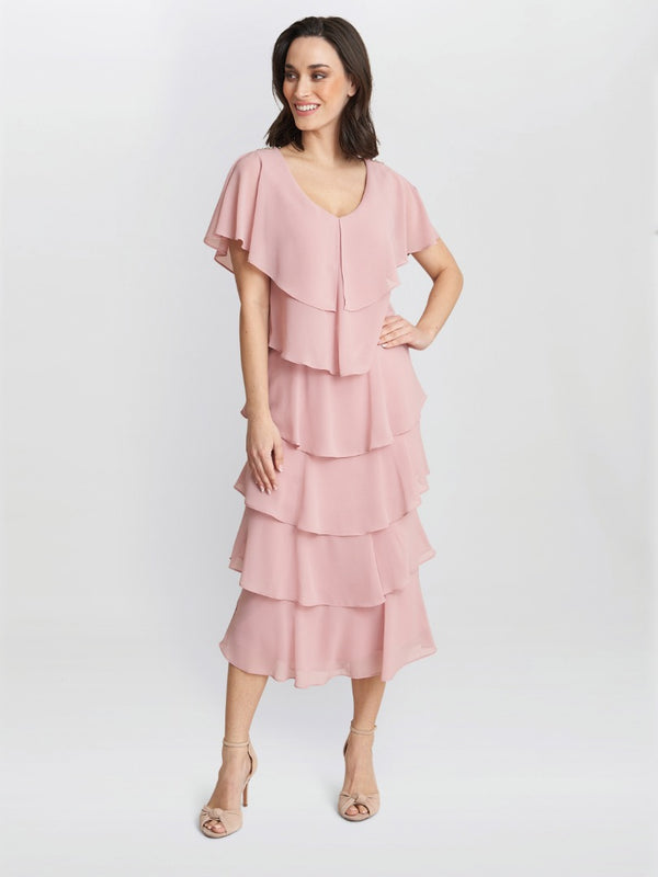 gina bacconi Rebecca midi tiered dress with shoulder trim ROSE PINK
