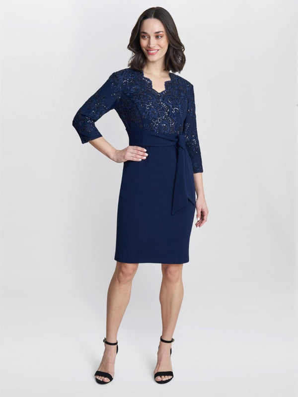 Gina Bacconi Robyn Petite Embroidered Dress With Tie Belt