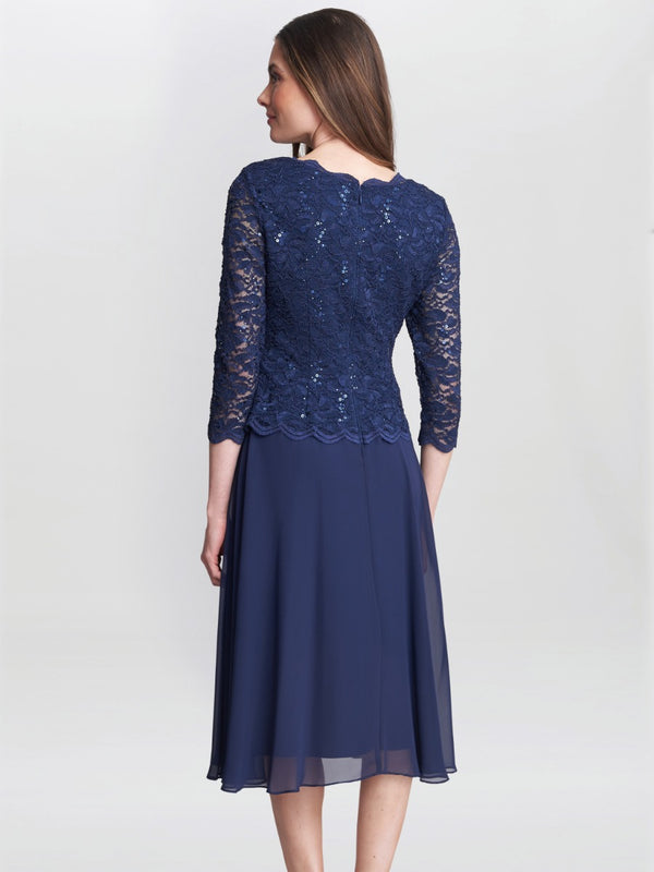 Gina Bacconi Rona Midi Dress With Lace Bodice & Chiffon Skirt SPRING NAVY