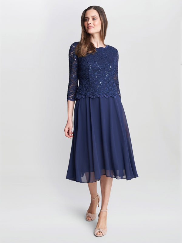 Gina Bacconi Rona Midi Dress With Lace Bodice & Chiffon Skirt SPRING NAVY