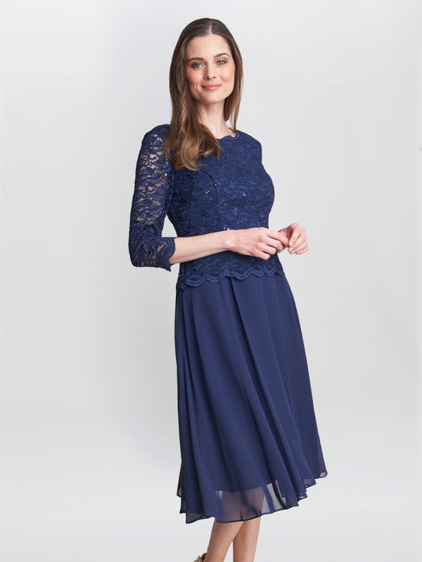 gina bacconi Rona midi dress with lace bodice & chiffon skirt SPRING NAVY