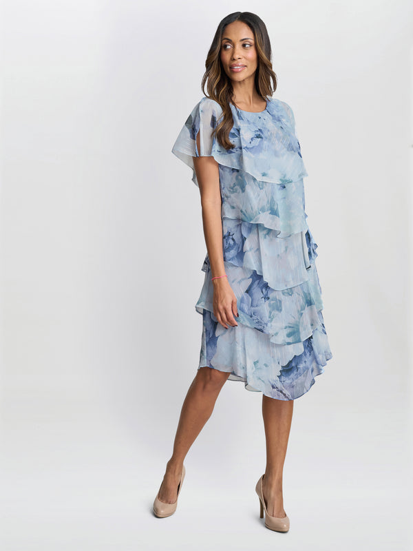 Gina Bacconi Rosanna Printed Tiered Dress With Shoulder Embellishment