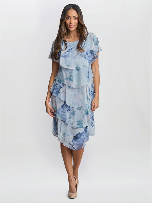 gina bacconi Rosanna printed tiered dress with shoulder embellishment