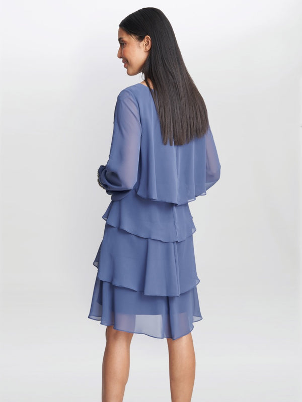 Gina Bacconi Sakura Long Sleeved Tiered Dress With Rhinestone Beading At Cuff