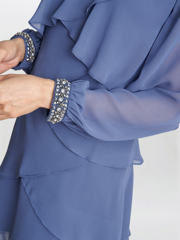 Gina Bacconi Sakura Long Sleeved Tiered Dress With Rhinestone Beading At Cuff