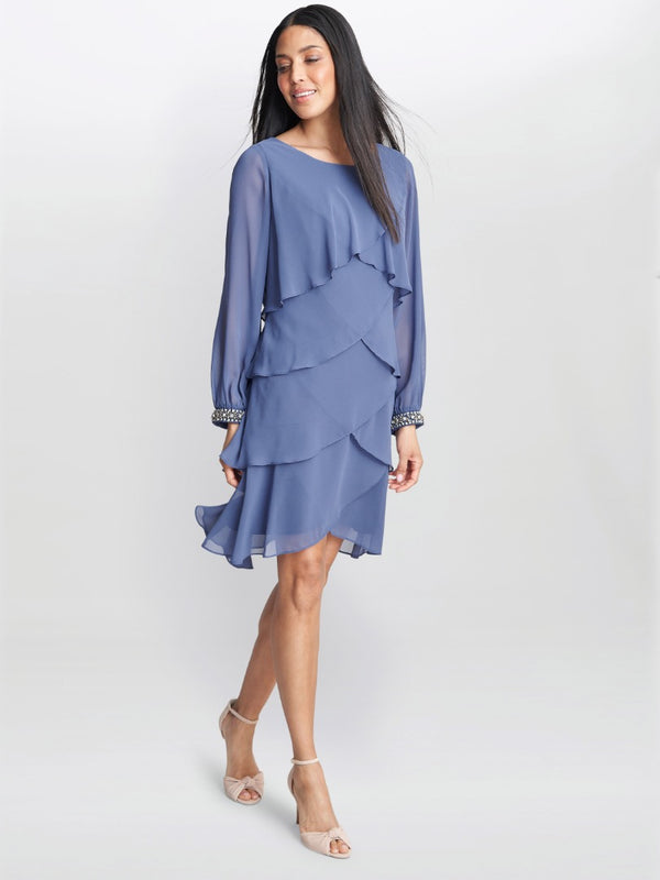 Gina Bacconi Sakura Long Sleeved Tiered Dress With Rhinestone Beading At Cuff