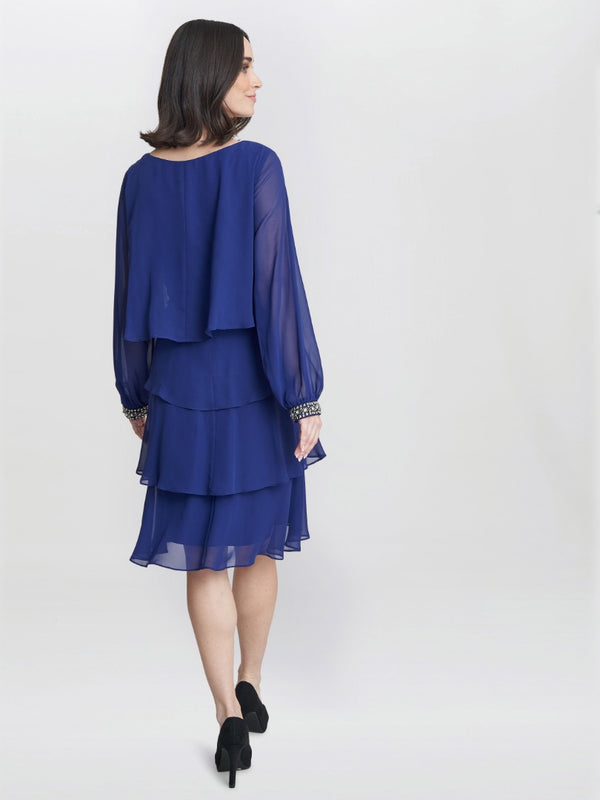 Gina Bacconi Sakura Long Sleeved Tiered Dress With Rhinestone Beading At Cuff