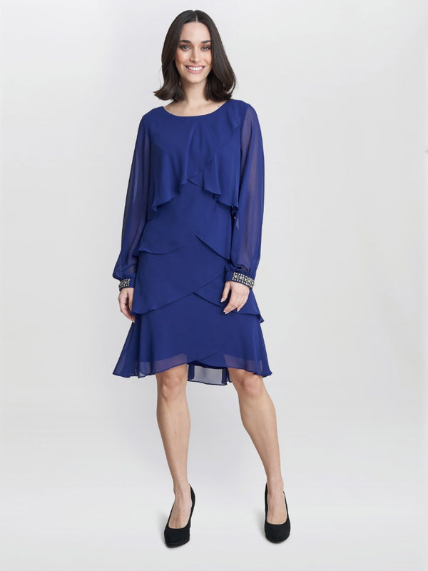 Gina Bacconi Sakura Long Sleeved Tiered Dress With Rhinestone Beading At Cuff