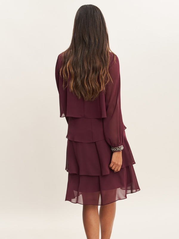 Gina Bacconi Sakura Long Sleeved Tiered Dress With Rhinestone Beading At Cuff