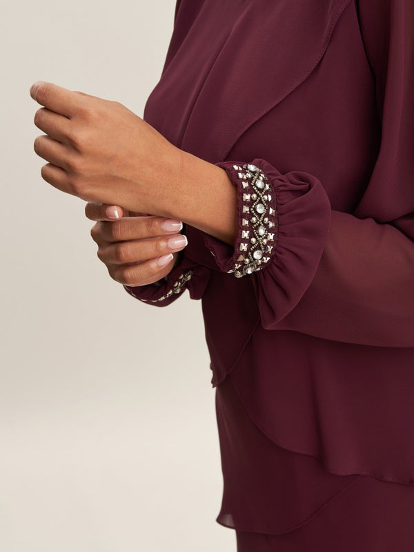 Gina Bacconi Sakura Long Sleeved Tiered Dress With Rhinestone Beading At Cuff