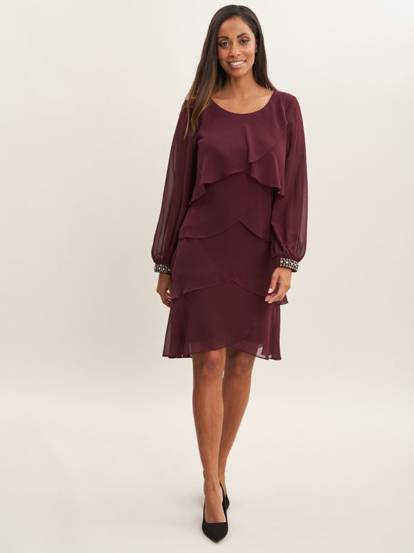 Gina Bacconi Sakura Long Sleeved Tiered Dress With Rhinestone Beading At Cuff