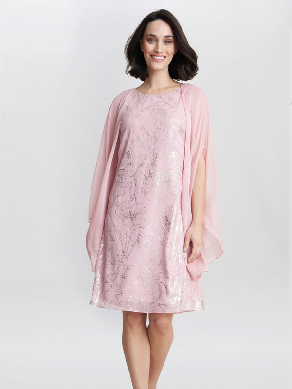 gina bacconi Saskia foil floral dress and chiffon cape