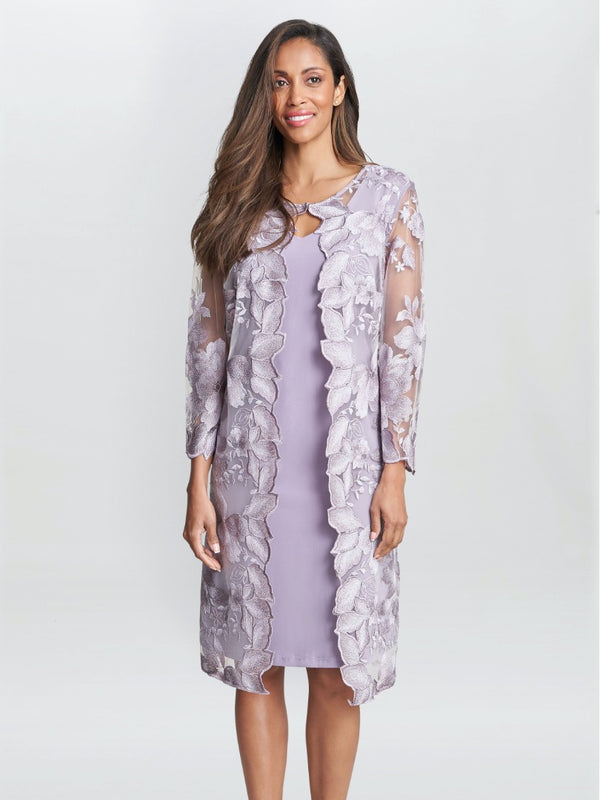 gina bacconi Savoy embroidered lace mock jacket with jersey dress ORCHID MIST
