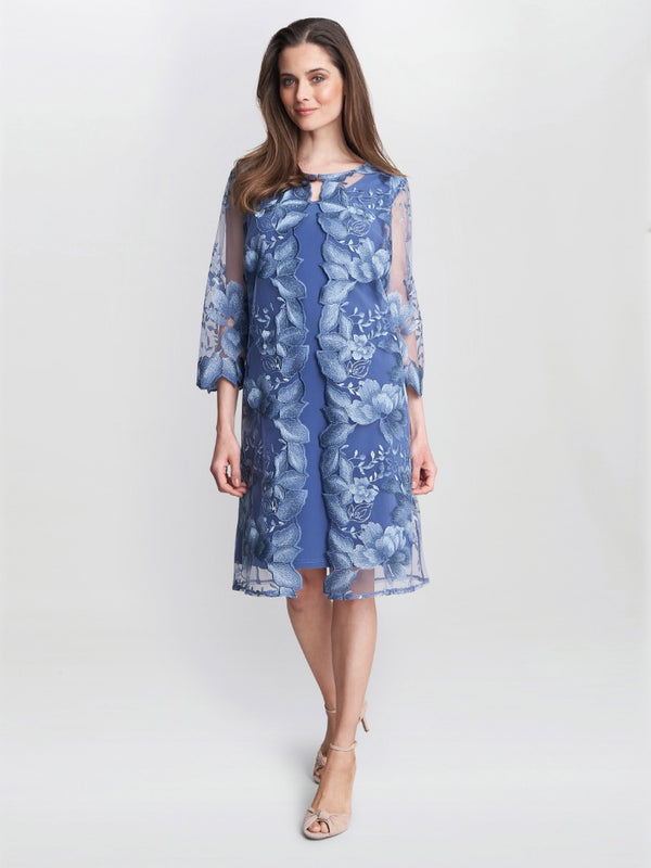 Gina Bacconi Savoy Embroidered Lace Mock Jacket With Jersey Dress BLUE